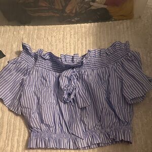 Zara Blue and White Striped Off-Shoulder Blouse